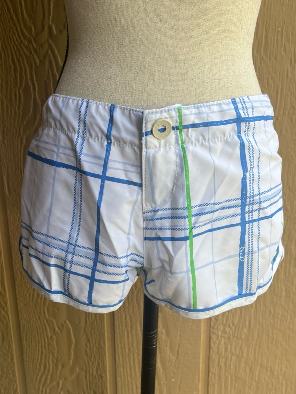 O'Neill White Plaid Swim Shorts with Blue & Lime Stripe